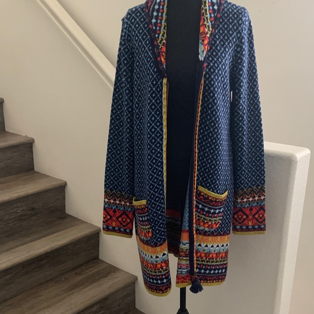 NWOT Sahalie Multicolor Patterned Shawl Collar Longline / Duster Cardigan.